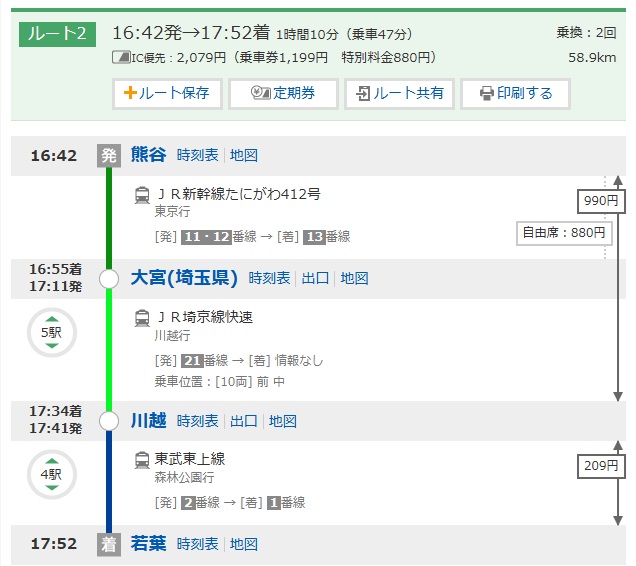 熊谷~若葉(新幹線)でのルート