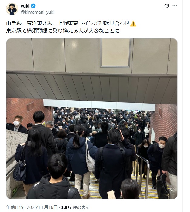 山手線、京浜東北線、上野東京ラインが運転見合わせ
東京駅で横須賀線に乗り換える人が大変なことに