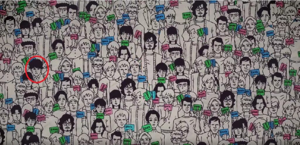 マネロンの説明動画に寺本が紛れ込んでいるイラスト
